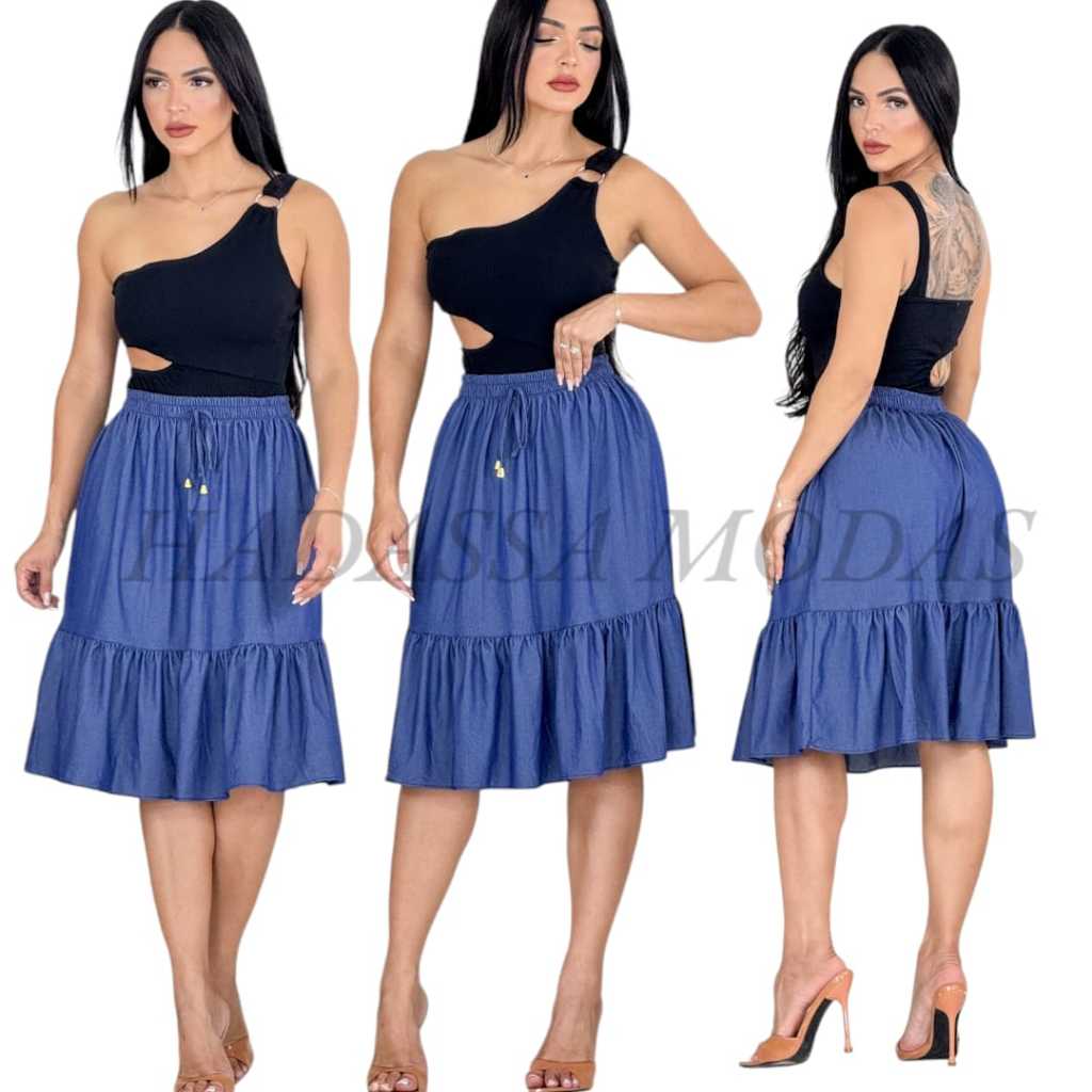 Saia Midi Jeans Feminina Casual Moda Evangelica Modesto em Oferta na Shopee