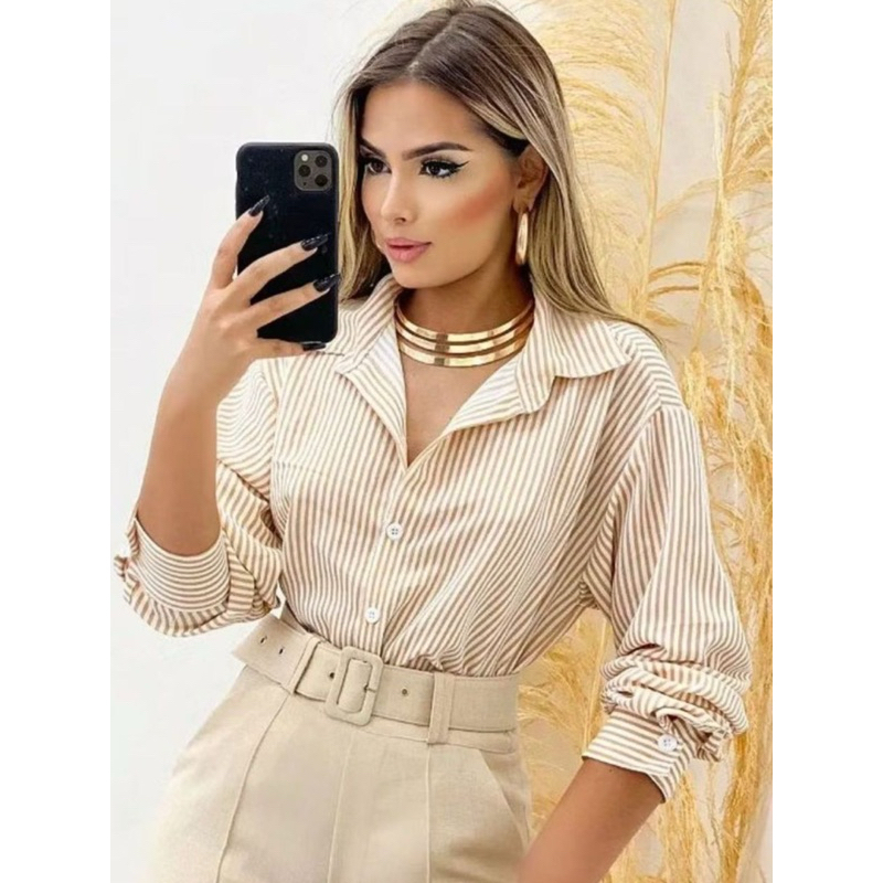 Camisa Social Manga Longa Feminina De Crepinho Listrado