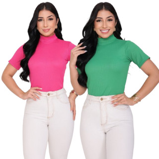 KIT 2 BLUSAS T-SHIRT FEMININA GOLA ALTA CANELADA BLUSA BASICA COM MANGA CURTA