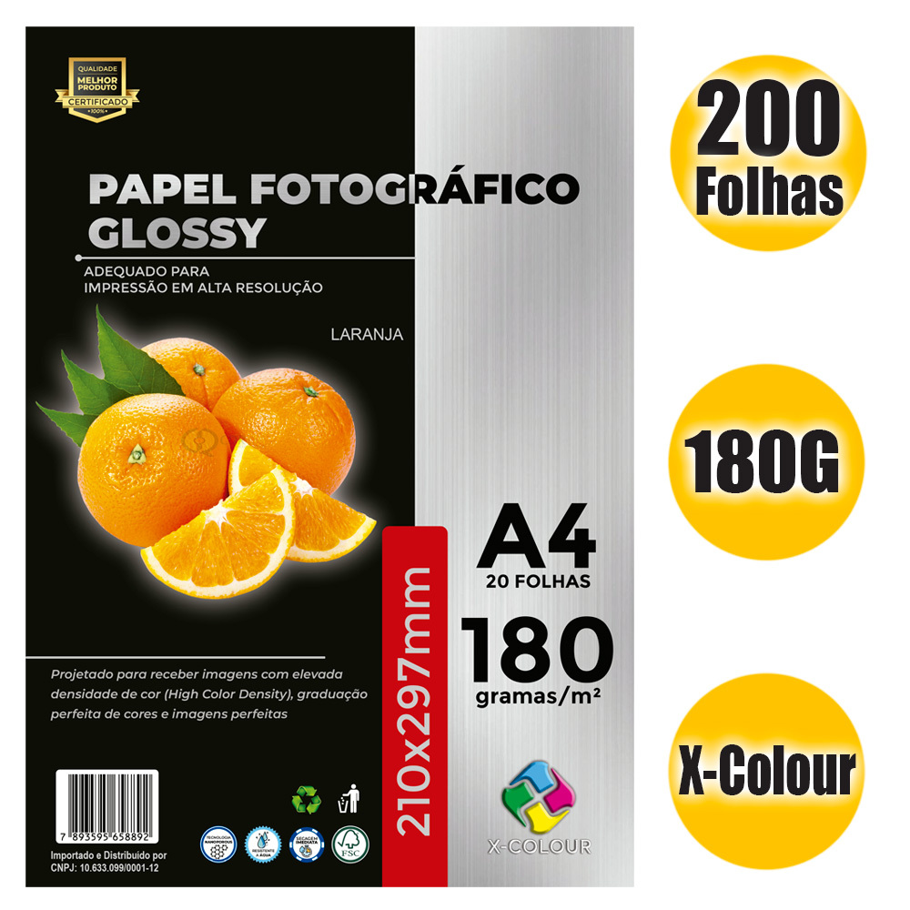 Papel A4 Fotográfico 180g X-Colour Super Brilho - Kit com 200 Folhas