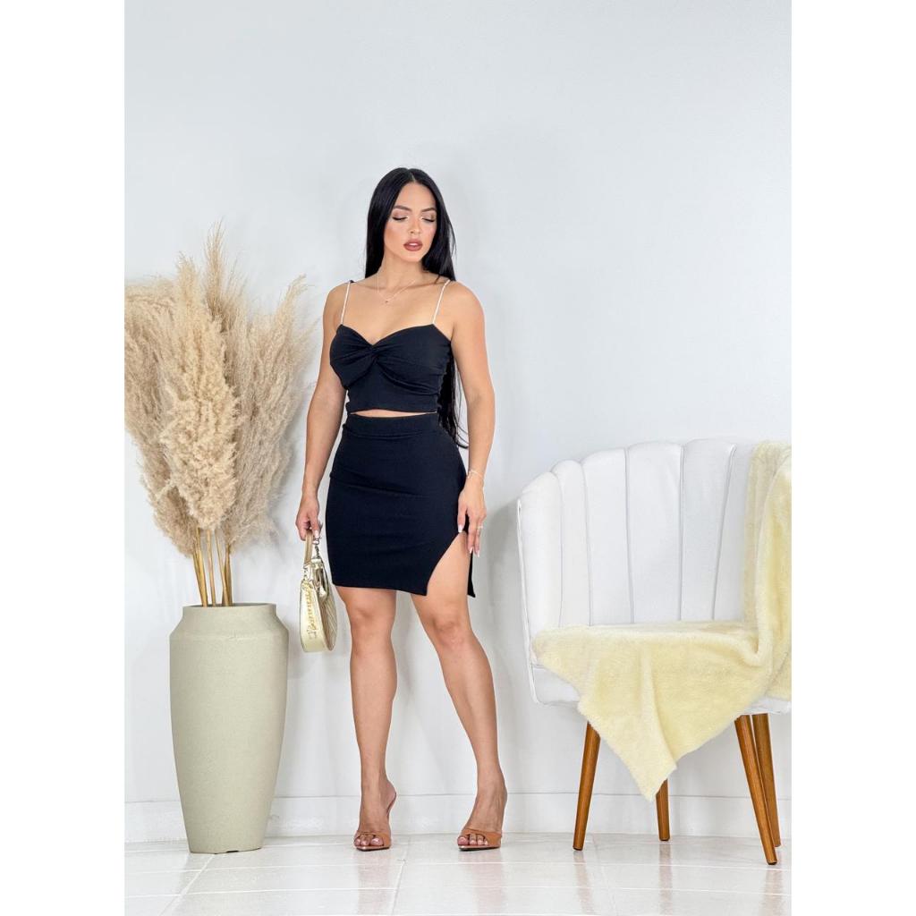 Conjunto Feminino Canelado  - Cropped e Saia Midi luxo Moda feminina Elegante