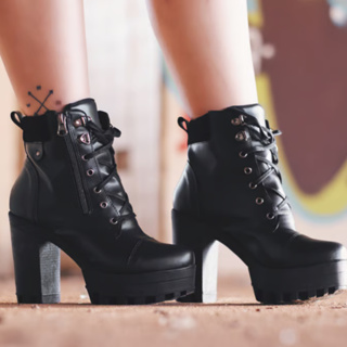 Bota Coturno Feminino Tratorado Salto Alto Grosso Moda Fechamento Zíper Confortável em Oferta na Shopee