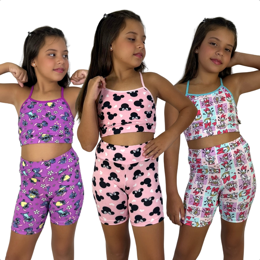 3 Conjunto Fitness Infantil Feminino Estampado Menina Bermuda Cropped Alcinha Personagens