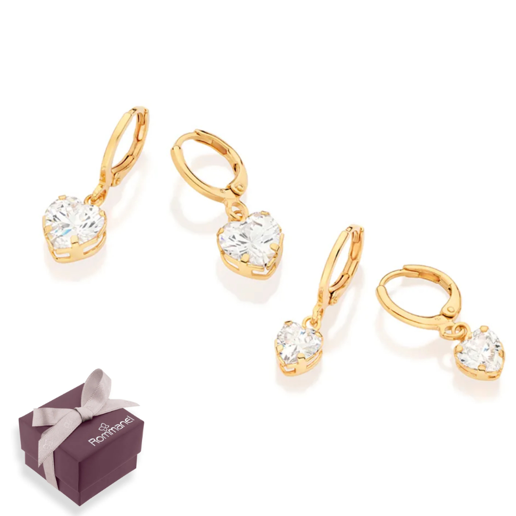 Kit Brincos Feminino Para Primeiro + Segundo Furo Rommanel Coração C/ Zircônias Banhado Ouro 18k 527300 em Oferta na Shopee