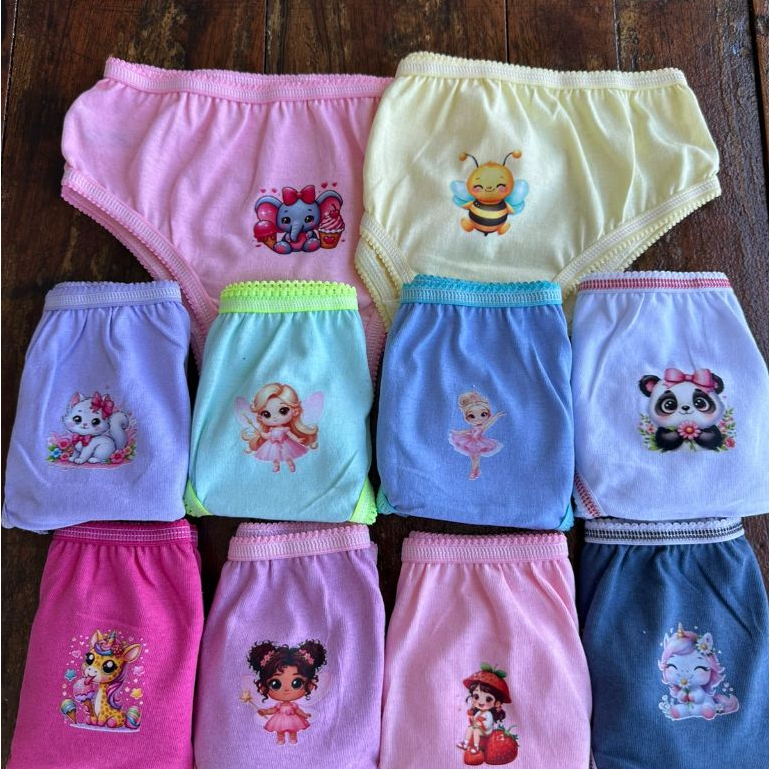 Kit 10/5 Calcinha Infantil 100% Algodão Estampa DTF Personagens Fofos