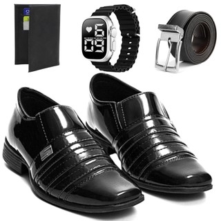 Kit Sapato Social Masculino Verniz Com Carteira Cinto E Relógio