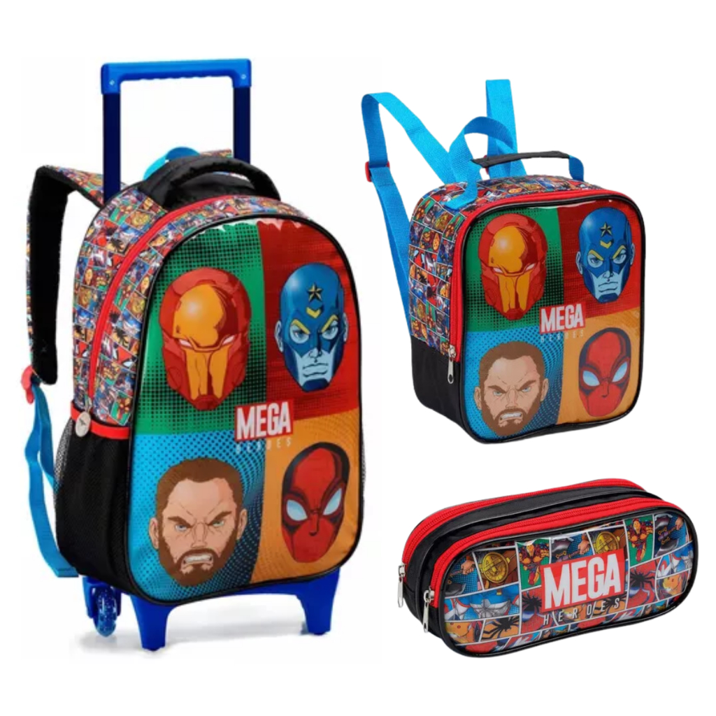 Kit Mochila De Rodinha Marvel Com Estojo E Lancheira Térmica Homem Aranha Homem De Ferro Super Herói