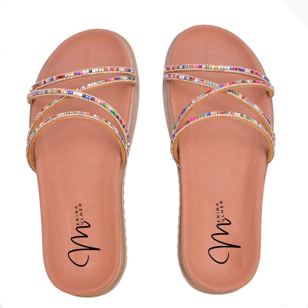 Papete feminina viz slide strass multicolor colorida confort em Oferta na Shopee