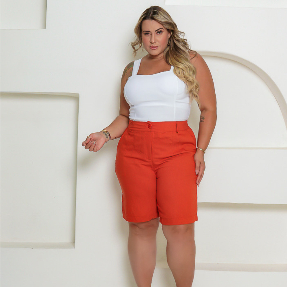 Short Social Feminino Plus Size Sensorial Bermuda Plu Com Bolso e Botões  Feminina Passantes Para Cinto E Elastico Atras