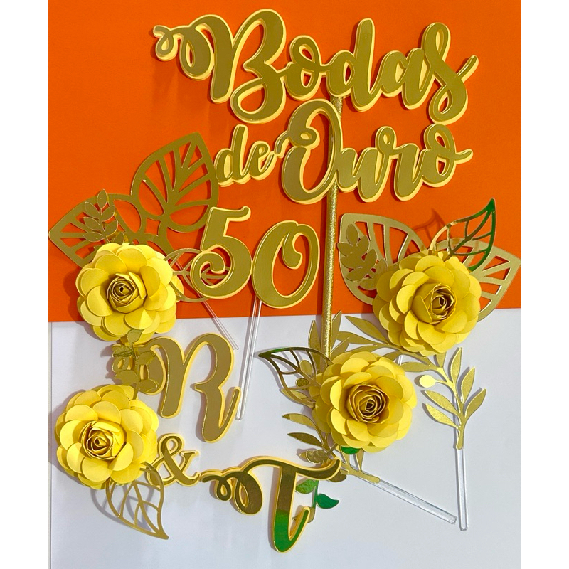 Topo de bolo Bodas de Ouro. 50 anos de casamento. Topo de bolo. Decoração para bolo. Festa 50 anos. Decoração de bolo.