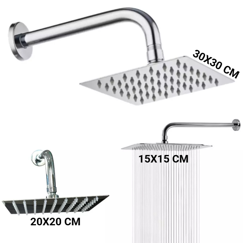 Chuveiro Ducha Quadrada Inox 304 Cromado 15 X 15cm 20 X 20cm ou 30 x 30cm com Braço Tubo INOX 30 cm em Oferta na Shopee