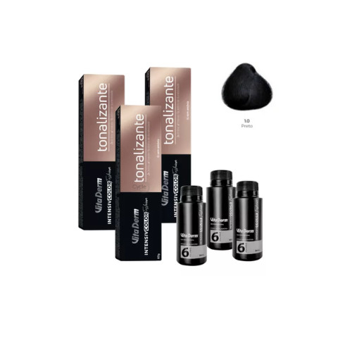 Kit Vita Derm 3 unidades Tonalizantes 1.0 Preto + 3 unidades Ox de 6 Volumes 90 ml
