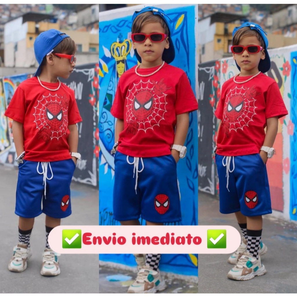Conjunto infantil juvenil menino Homem Aranha Camisa de Malha e bermuda de chimpa