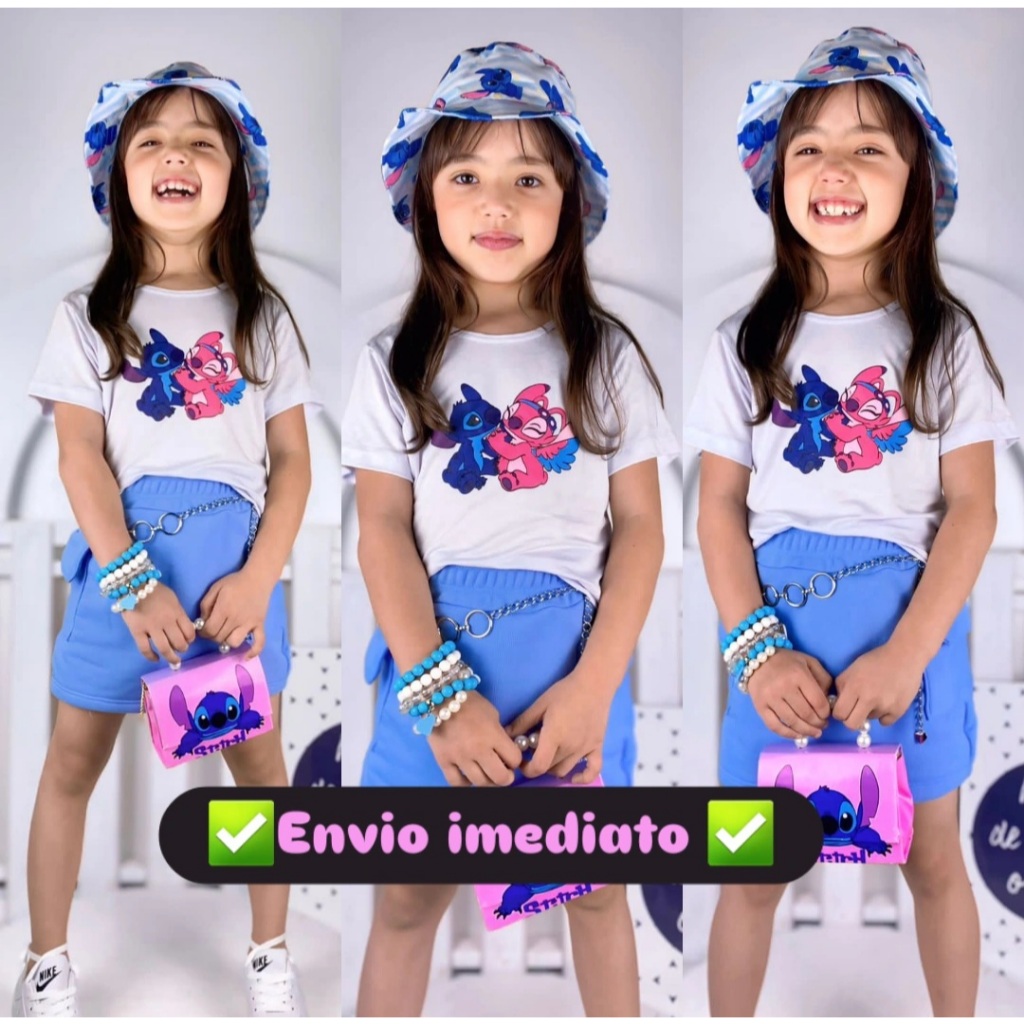 Conjunto Infantil Menina Stitch e Angel Blusinha Estampada e Short Saia Ou Short Cargo De Moletinho