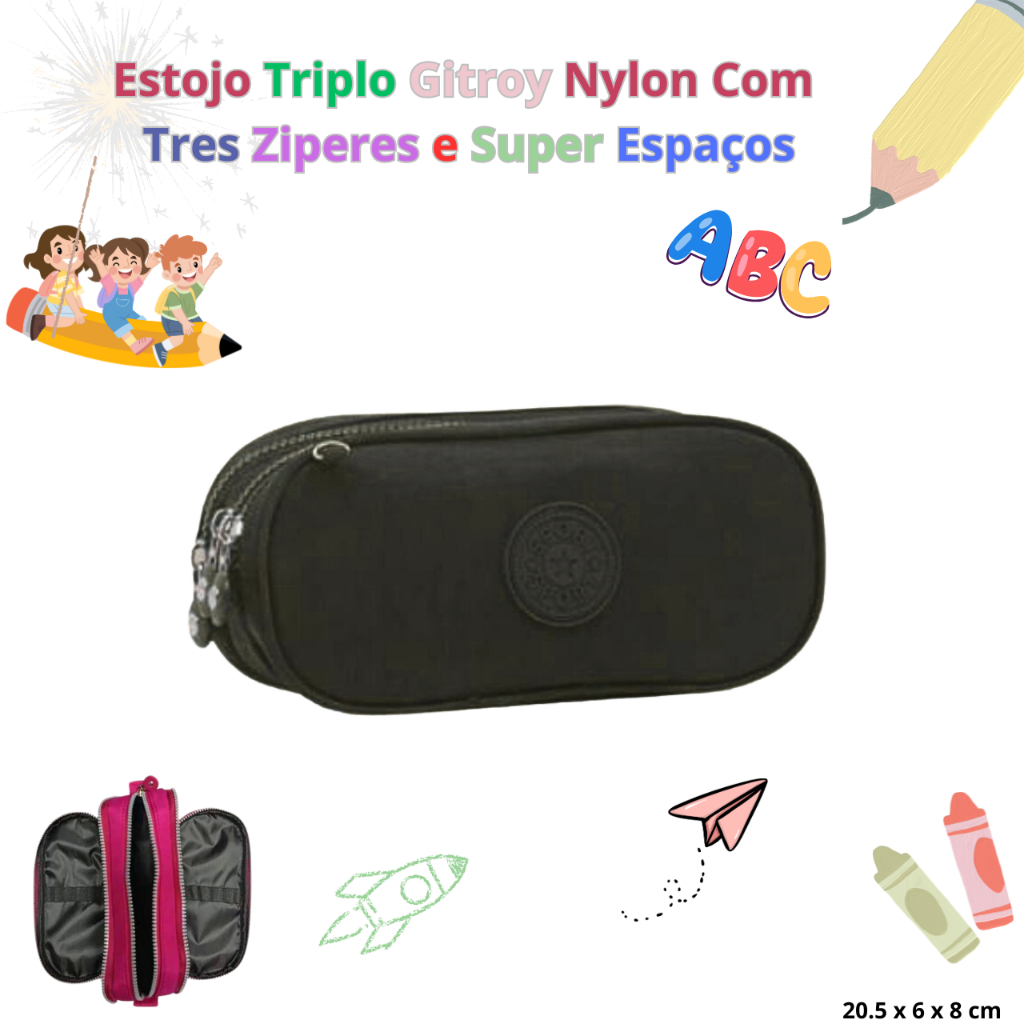 Estojo Triplo Gitroy Nylon Com Tres Ziperes e Super Espaços 3 zip em Oferta na Shopee