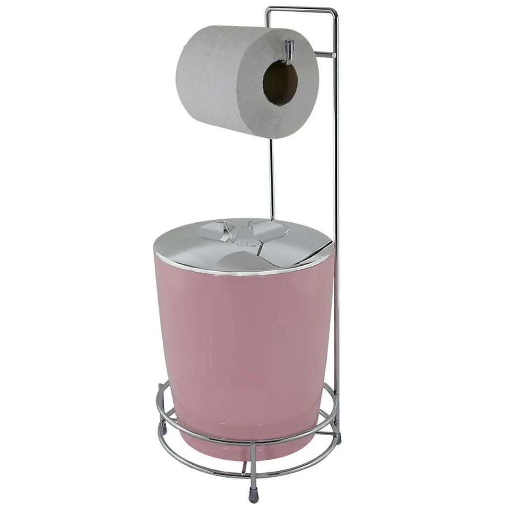 Suporte Porta Papel Higiênico Cromado E Lixeira 5 Litros Com Tampa Redonda Cromada Organizador Luxo Para Banheiro Lavabo