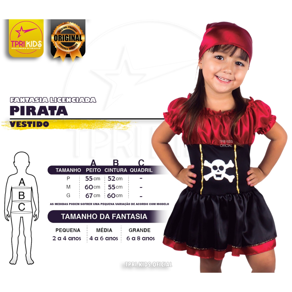 Fantasia Menina Piratinha Luxo Vestido Cosplay Pirata Infantil Festa Halloween Carnaval 2 a 8 Anos
