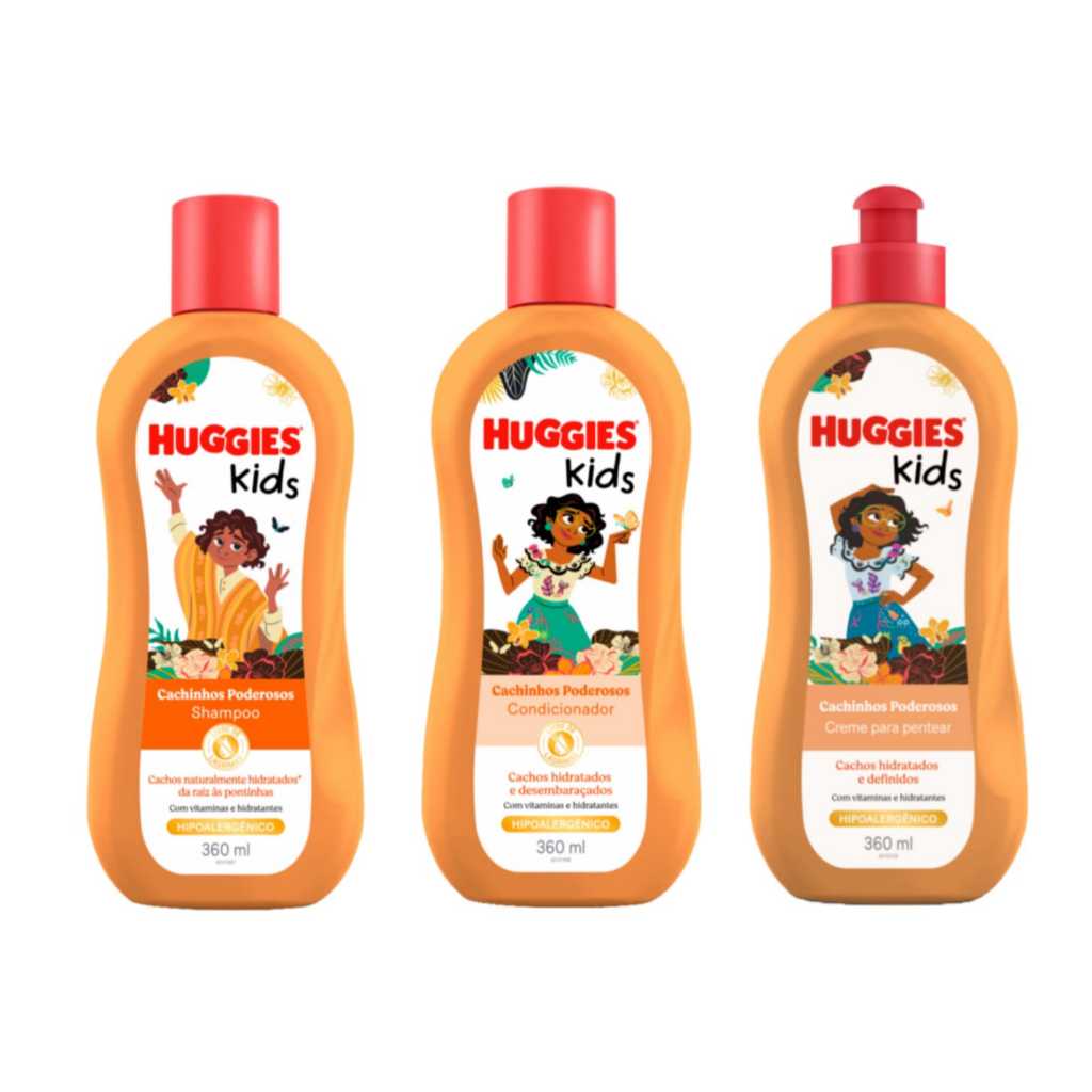 Kit Huggies Kids Cachinhos Poderosos Shampoo Condicionador Creme de Pentear Cachos Definidos