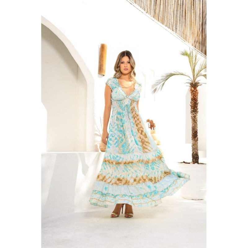 Vestido longo seda  manga princesa  boho chic em Oferta na Shopee