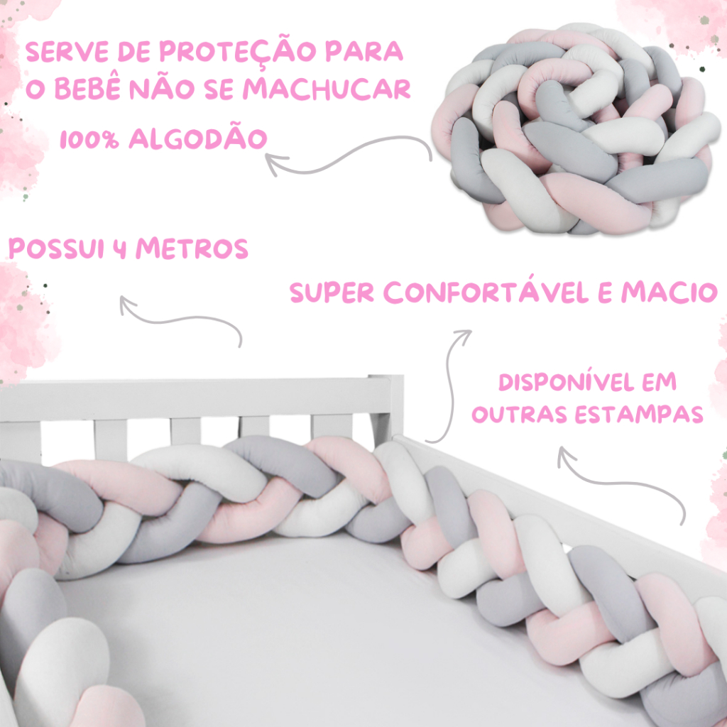 Trança Protetor de Berço Americano Avulsa Menino e Menina 04 metros Macia 100% Algodão