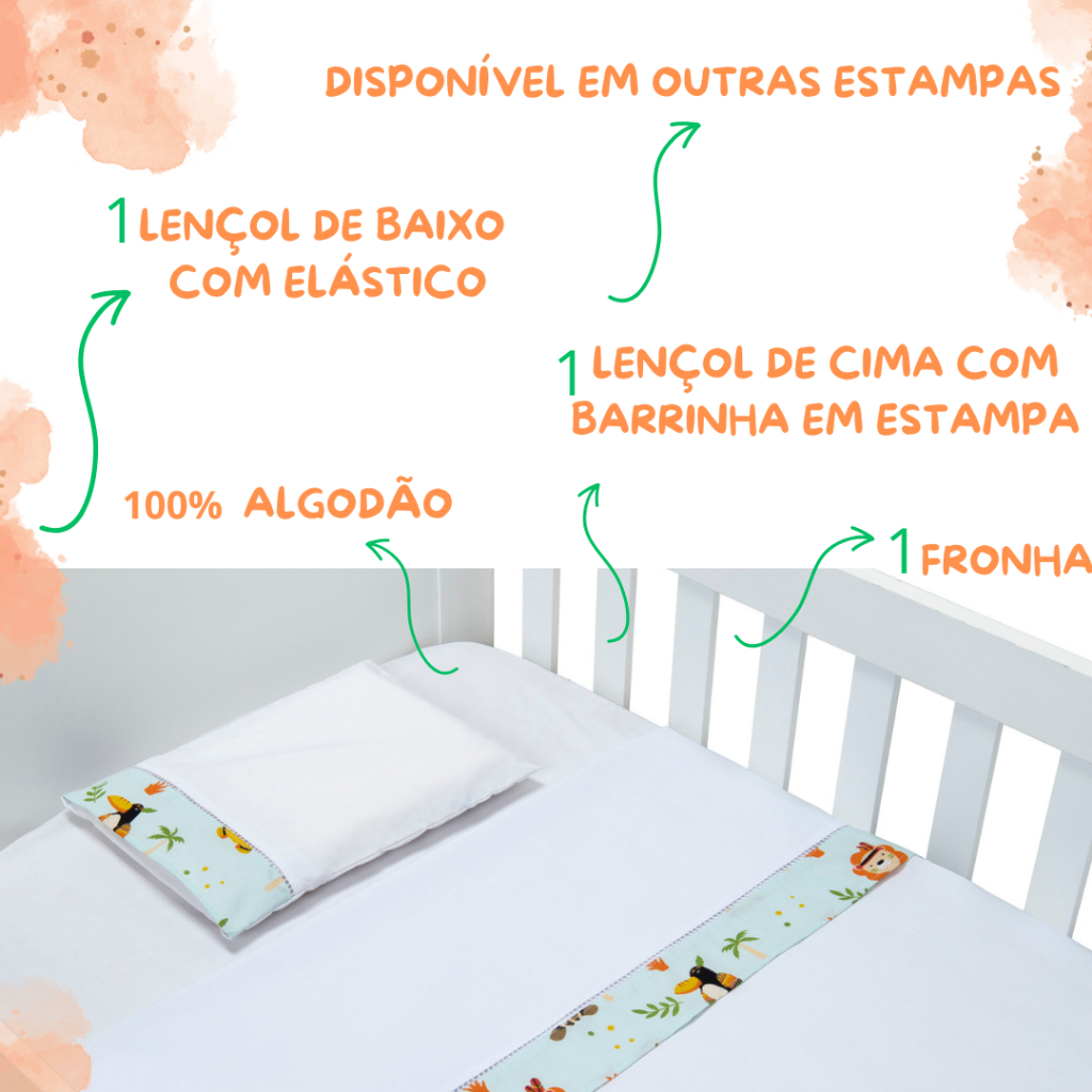 Jogo de Lençol de Mini Berço 03 pçs 100% Algodão com Elástico Vira Estampado Acabamento Ponto Palito em Oferta na Shopee
