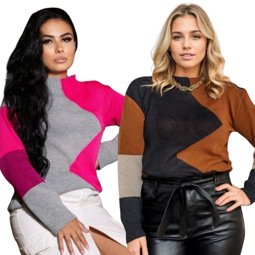 Blusa Feminina Tricot Manga Longa Tricolor Inverno Casual Básica