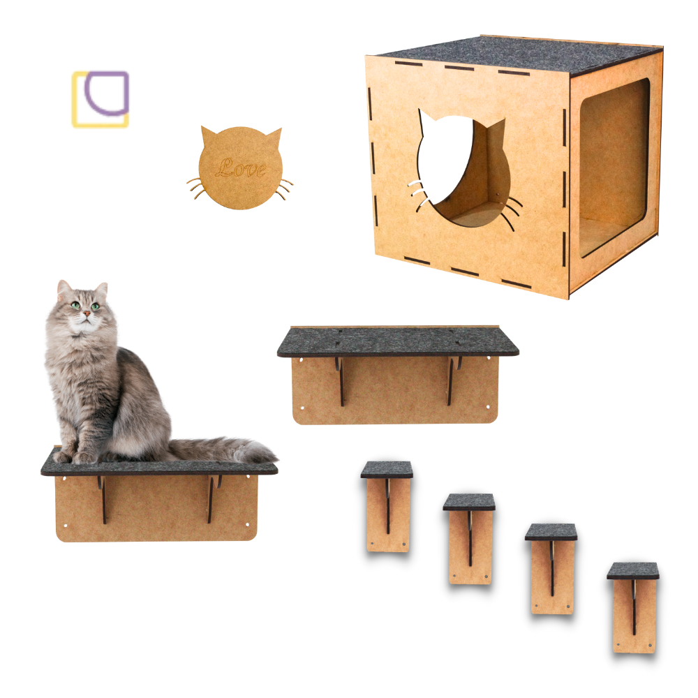 Playground Gatos Kit 7 peças Acessório Pet Mdf 4mm Nicho Gato Prateleiras Degraus Escadinha