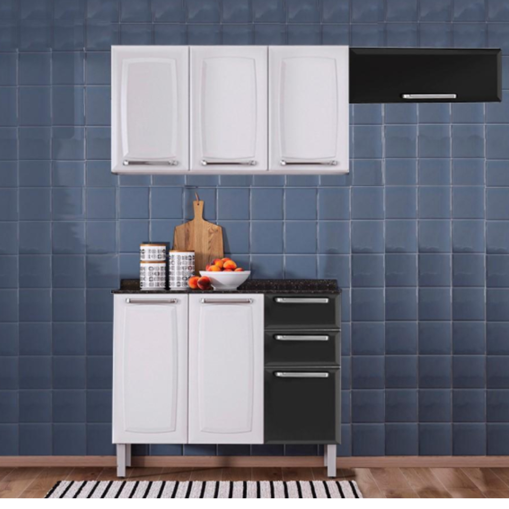 Cozinha Itatiaia Luce 7 Portas com Balcão 2 Gavetas Preto e Armários Aéreos Branco / Preto em Oferta na Shopee