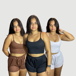 Conjunto Feminino Cropped e Short Canelado - CJESHC em Oferta na Shopee