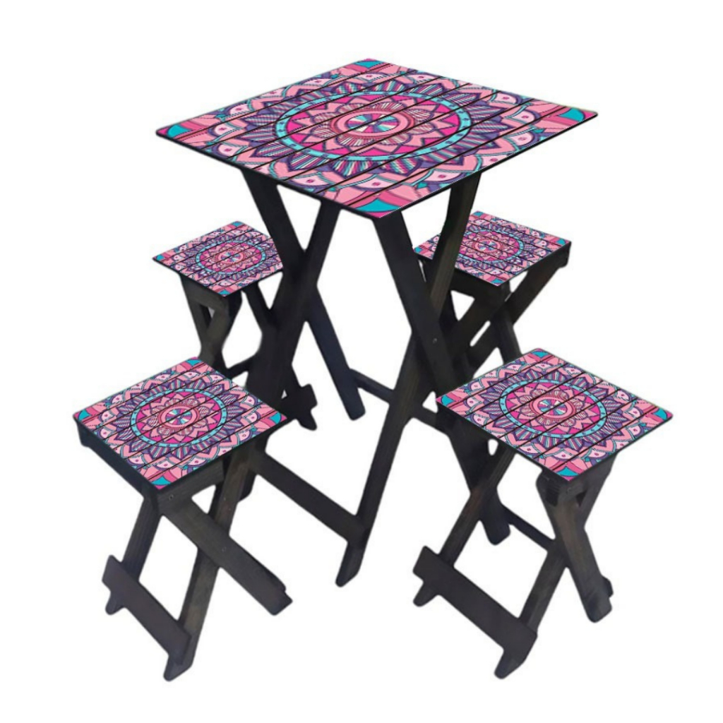 Conjunto Rústico de Mesa Quadrada com 4 Banquetas Madeira Pinus Durável e Pratica