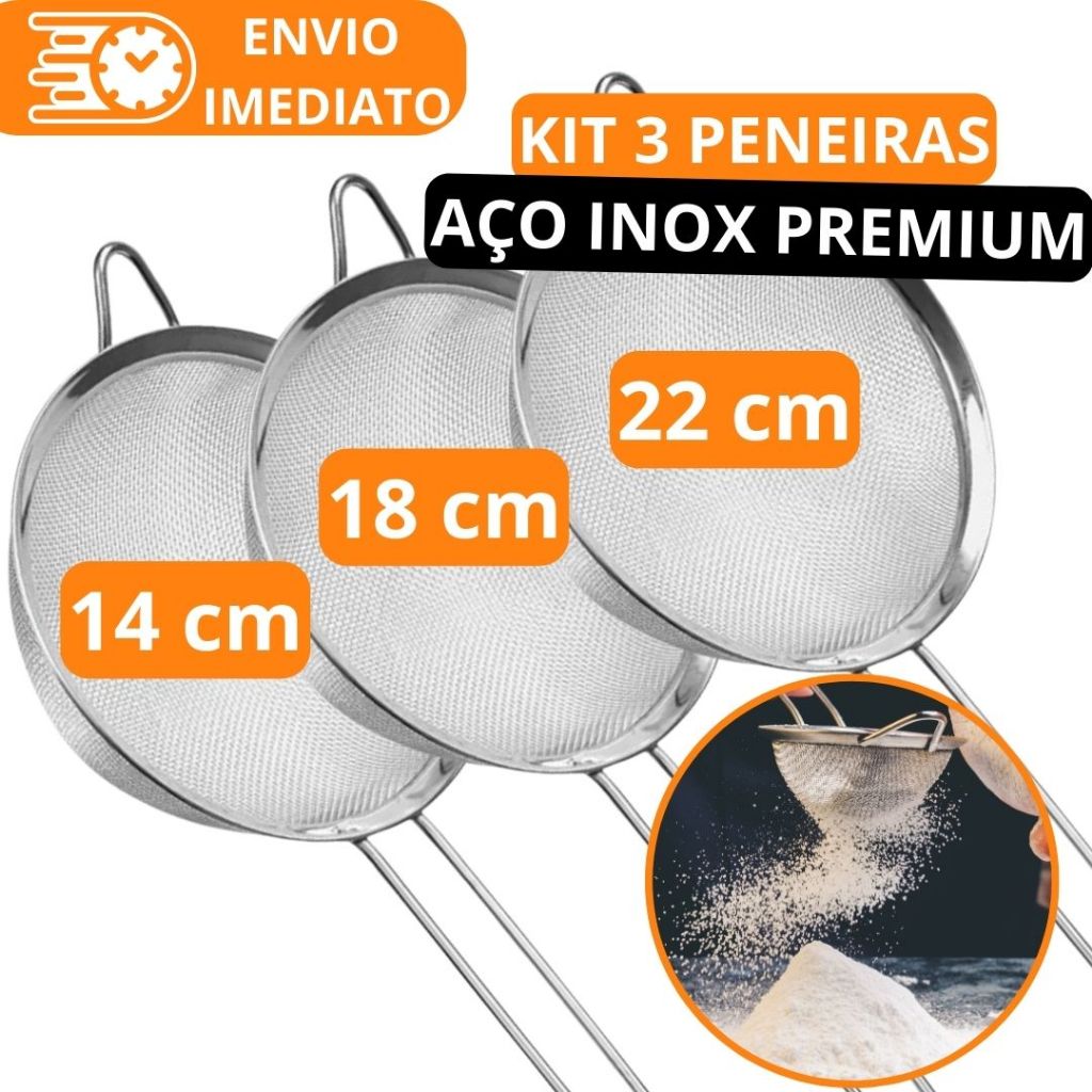 KIT 1/3 Unid Peneira Coador de Aço Inox PREMIUM 22cm 18cm 14cm Resistente para Cozinha Casa Restaurante Farinha Oleo