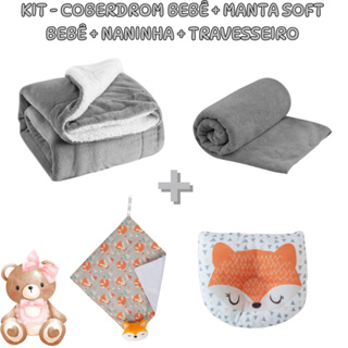Kit 4 itens bebê - Manta Sherpa + Manta soft + Naninha + Travesseiro Anatômico em Oferta na Shopee