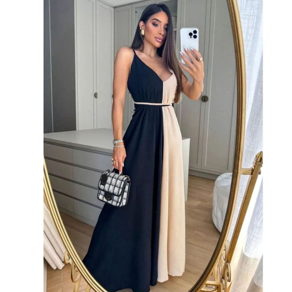 Vestido Feminino Com Bojo Alça Regulável Longo Duo Color em Oferta na Shopee