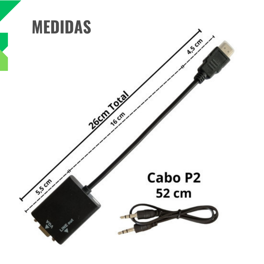 Cabo Conversor HDMI para VGA com Áudio P2 1,5m Adaptador HDMI x VGA Full HD PC Notebook Monitor TV Projetor — imagem 2 de 2