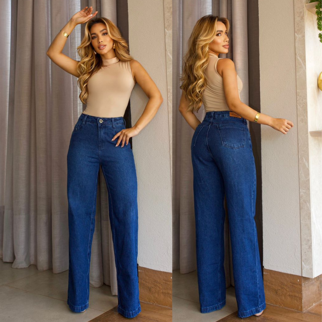 Calça Jeans Feminina Wide Leg Cintura Alta Escura 100% Algodão Premium Pantalona