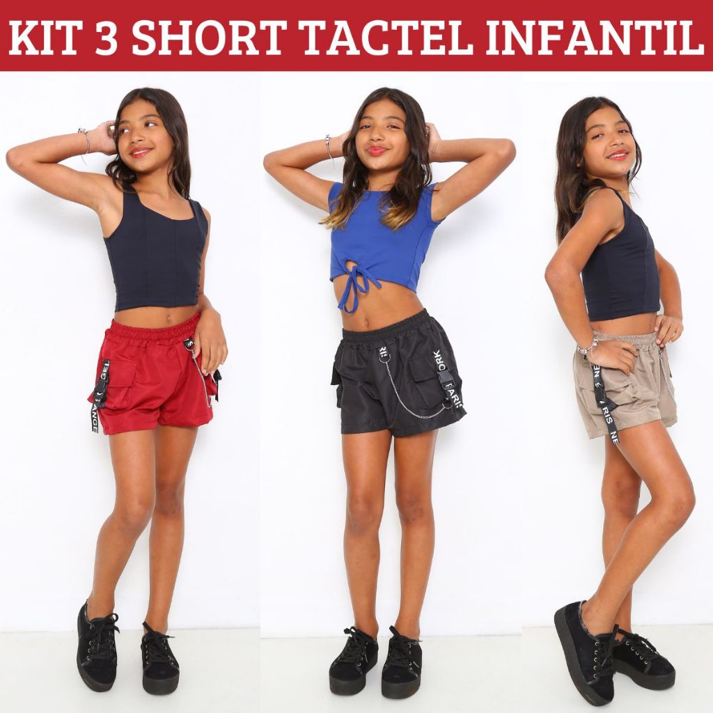 Kit 3 Shorts Feminino Infantil Para Meninas Tactel Fita e Corrente 4 Bolsos 4 Cores Short Cargo Criança 10 12 14 Anos em Oferta na Shopee
