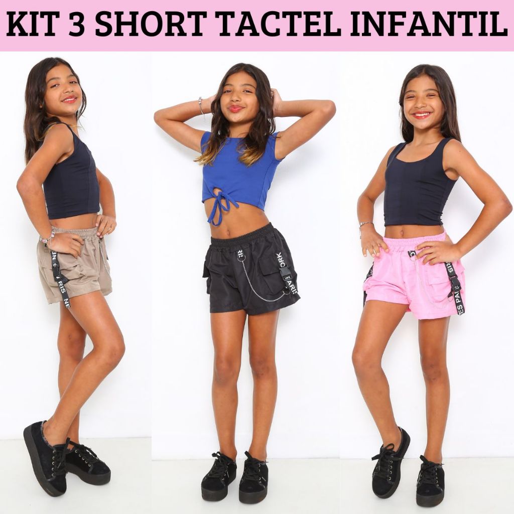 Kit 3 Shortinhos Infantil Feminino Tactel Detalhe Com Fitas e Corrente Muito Estiloso Short Infantil Meninas Estilosas