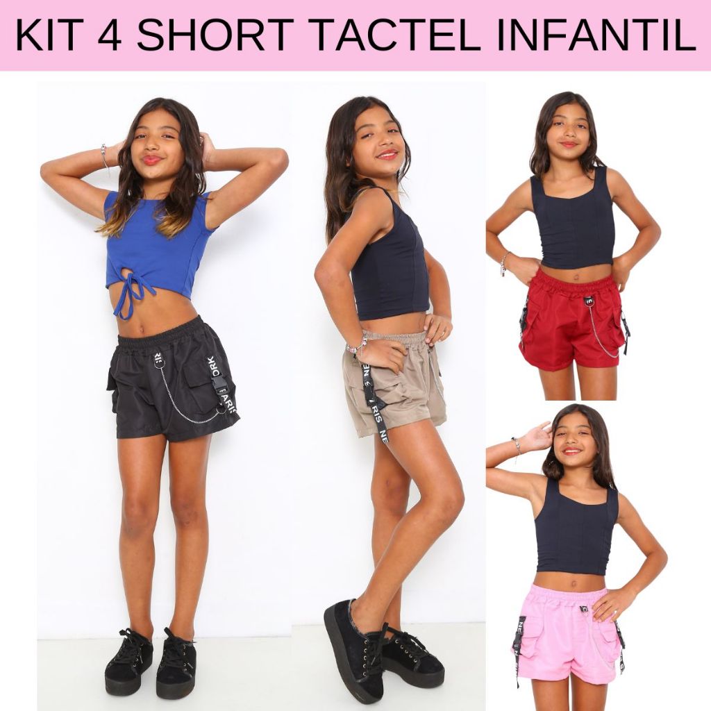 Kit 4 Short Infantil Feminino Tactel Detalhe Com Fitas e Corrente Muito Estiloso Shortinho Infantil Meninas Estilosas