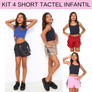Kit 4 Short Infantil Feminino Tactel Detalhe Com Fitas e Corrente Muito Estiloso Shortinho Infantil Meninas Estilosas