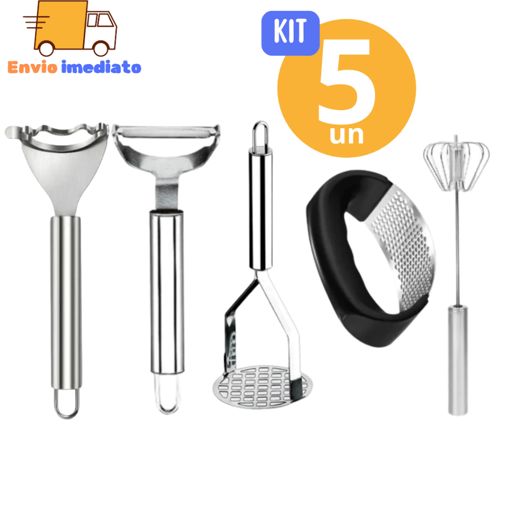 Kit Utensílios 1Raspador de Milho 1Descascador de Legumes 1Amassador de Batata 1Mixer Semi-Automatico 1Amassador de Alho