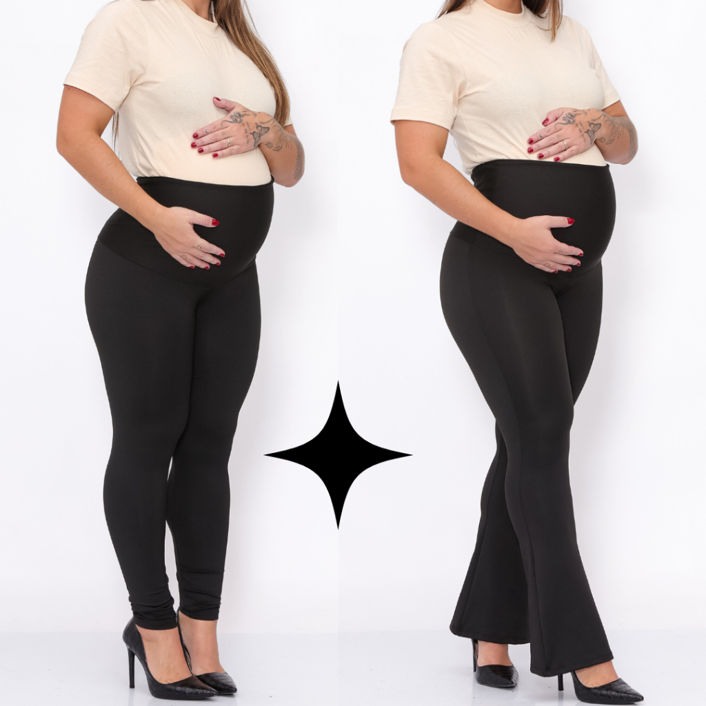 Kit 2 Leggings Gestante Flare + Básica Maternidade Preto Suplex Zero Transparência PP ao Plus Size em Oferta na Shopee