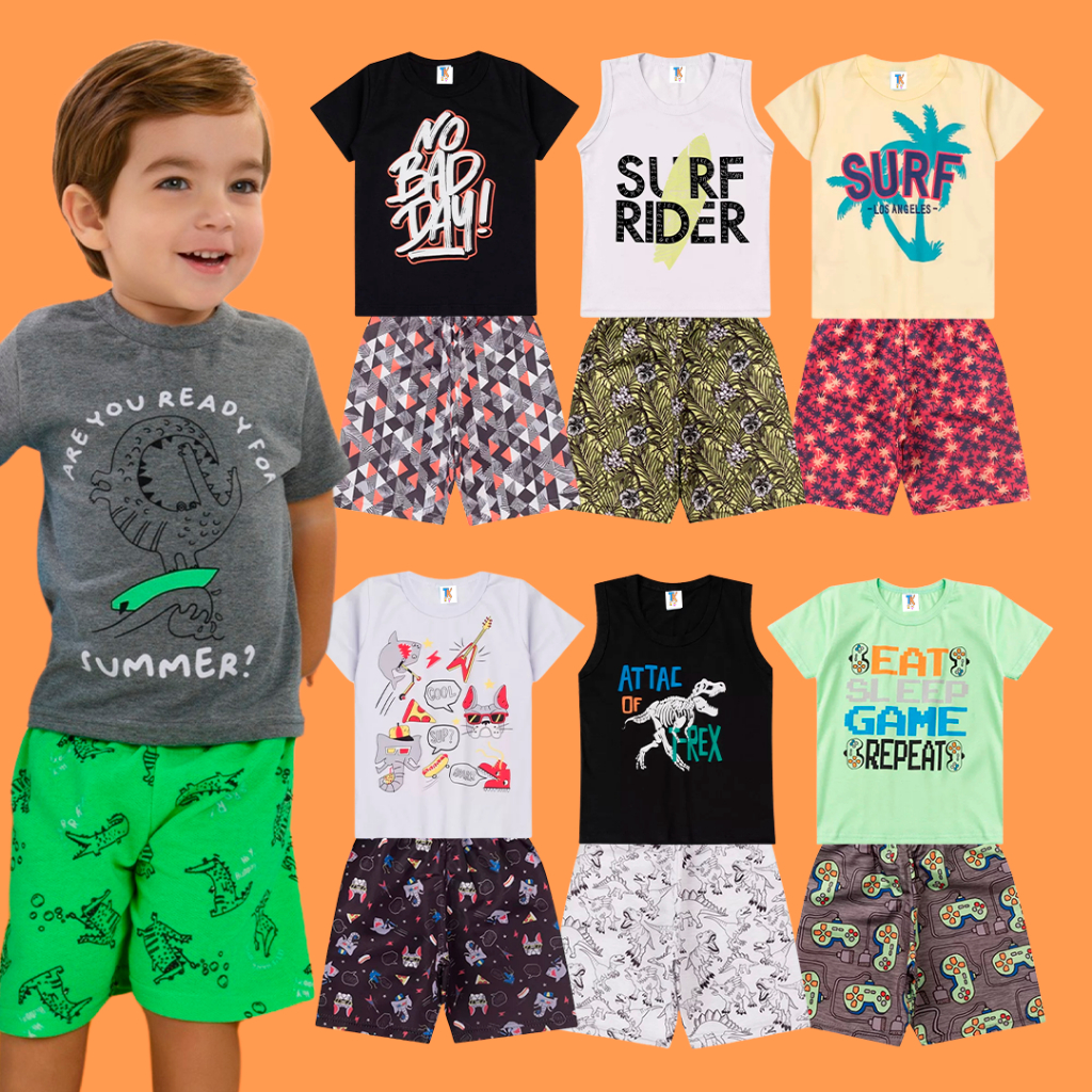 Kit 6 Peças Menino Verão | 3 Short + 3 Camisetas| Conjunto Infantil Masculino Estampado Criança