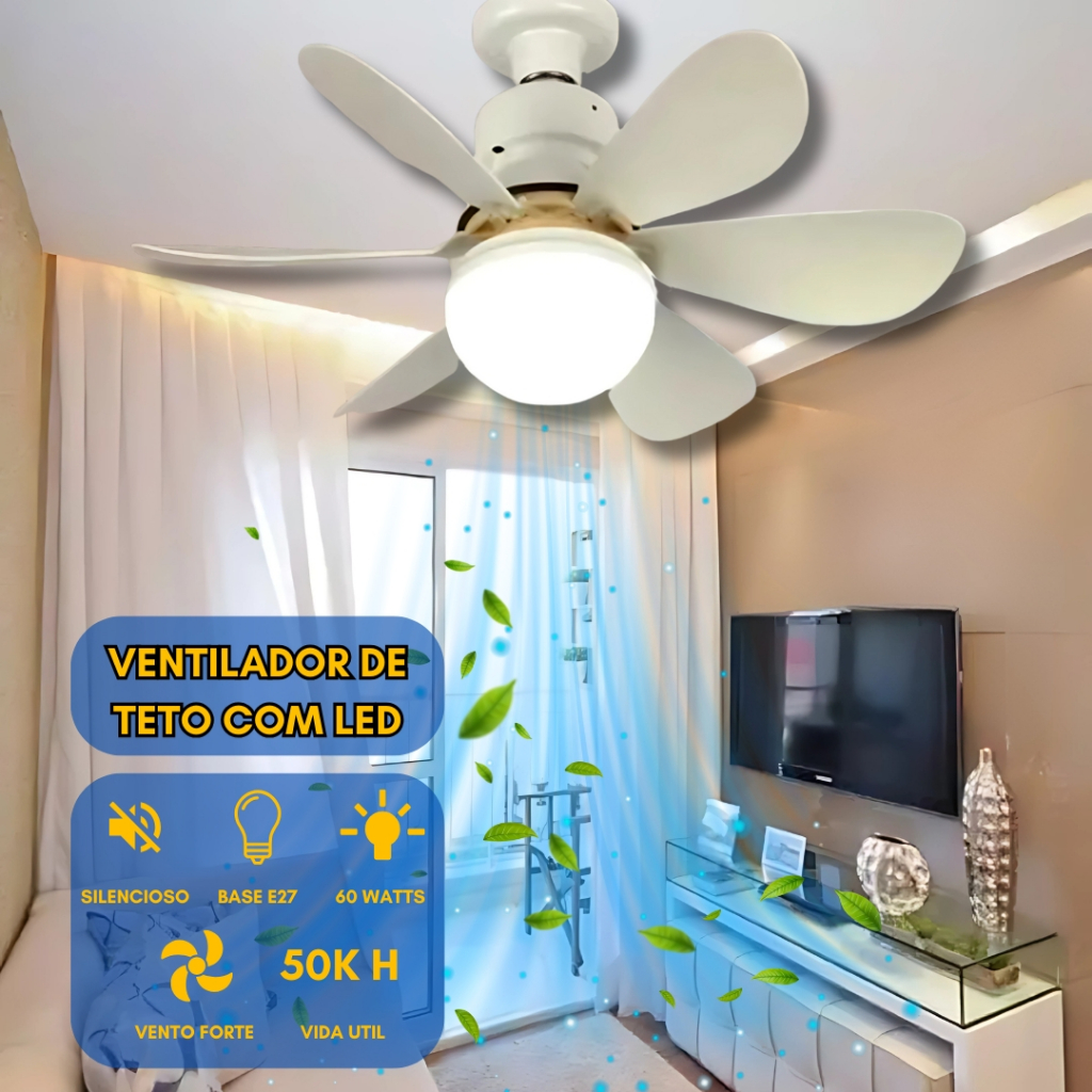 Ventilador de Teto Com Luz 60w Led 3 Tipos de Luz + Controle Remoto Ventilador C/ 6 Hélices Bivolt