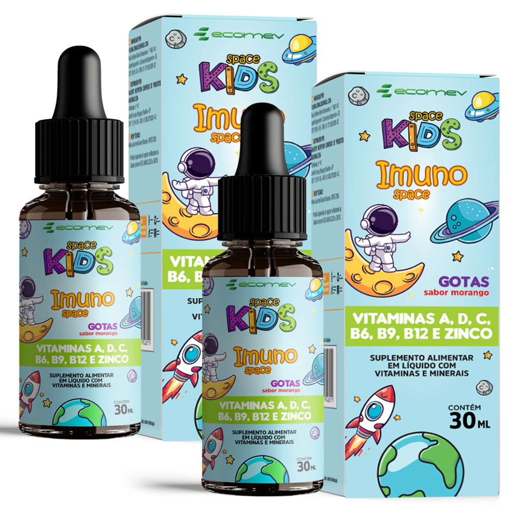 2Un Vitamina Infantil Imuno Kids B6 B9 B12 A D C Zinco Gotas Morango 30ml Ecomev
