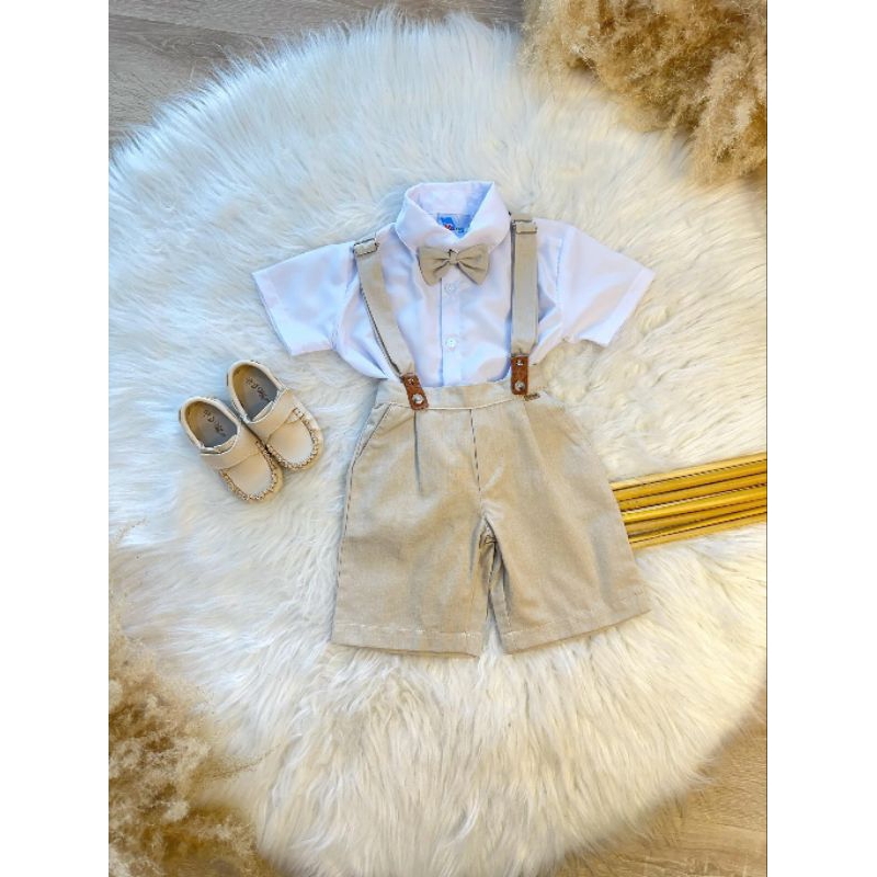 conjunto social infantil camisa short gravata e suspensório bege