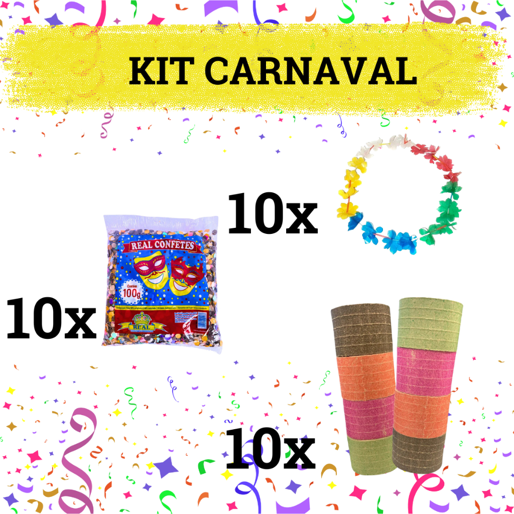 Kit Carnaval 10 Confete 120 Serpentina 10 Colar Havaiano Festa Adereço Fantasia Carnaval Brinquedo