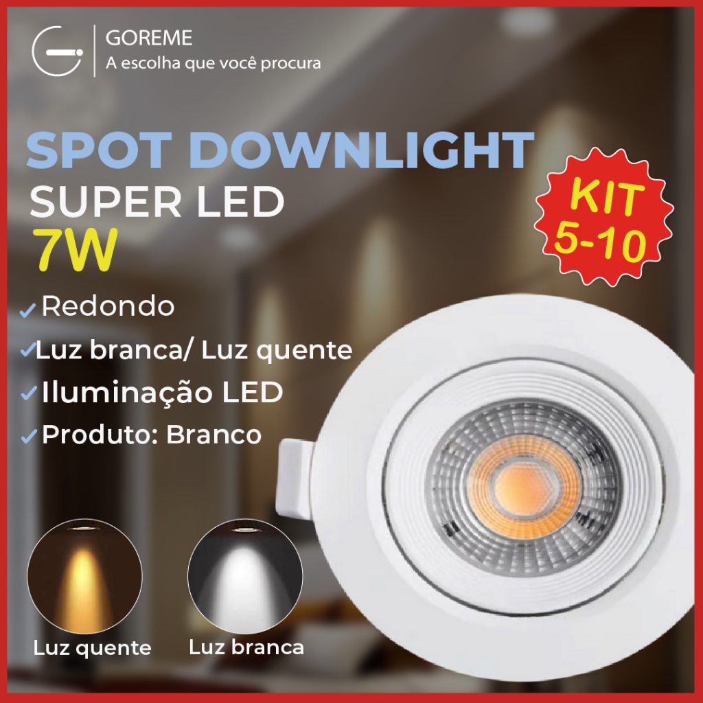 Kit 10 Luminária Spot Led Redondo Direcionável 7W Embutir Gesso Teto | Luz Fria ou Quente Bivolt em Oferta na Shopee