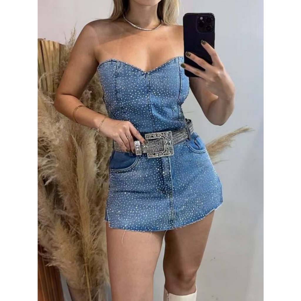 kissmelady 3010 conjunto jeans feminina blusa com saia  com brilho sem cinto p38 m40 g42