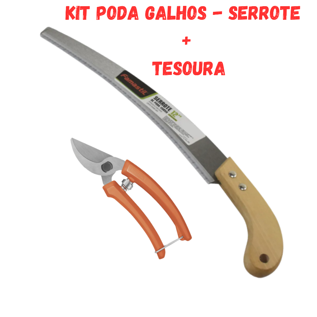 Kit Poda Galhos Jardinagem Serrote Famastil e Tesoura Pequena Tramontina