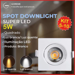 Kit 10 Luminária Spot Led Quadrado Direcionável 5W Embutir Gesso Teto Luz Quente ou Fria Bivolt